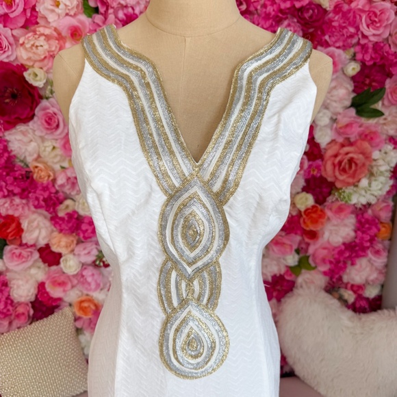 Just Taylor | Mini White Dress with Gold/Silver Detail - Picture 2 of 4